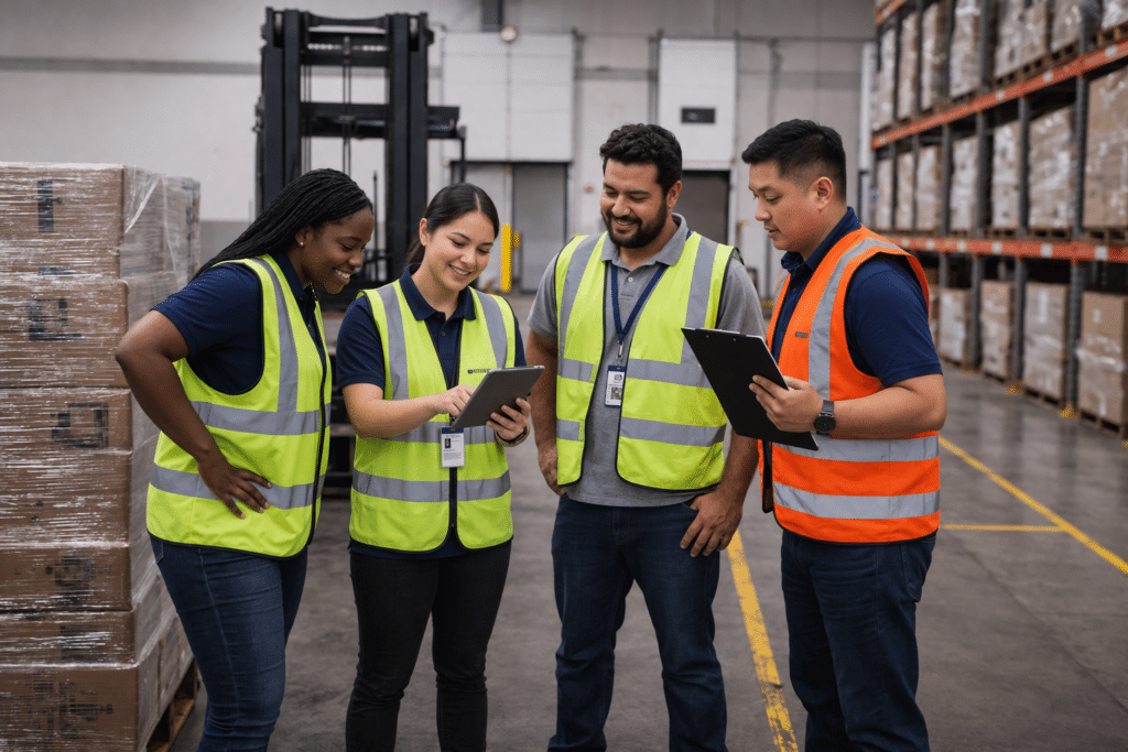 Warehouse team in safety vests collaborating on dock operations, moving pallets and reviewing tasks to improve productivity and workflow efficiency